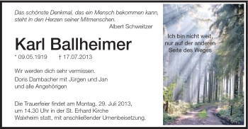 Traueranzeige von Karl Ballheimer von Schwäbische Post