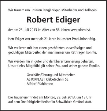 Traueranzeige von Robert Ediger von Gmünder Tagespost