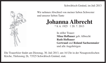 Traueranzeige von Johanna Albrecht von Gmünder Tagespost