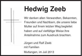 Traueranzeige von Hedwig Zeeb von Gmünder Tagespost