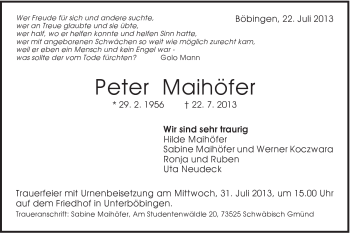 Traueranzeige von Peter Maihöfer von Gmünder Tagespost