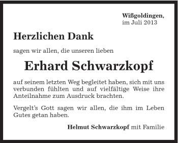 Traueranzeige von Erhard Schwarzkopf von Gmünder Tagespost
