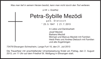Traueranzeige von Petra-Sybille Mezödi von Schwäbische Post