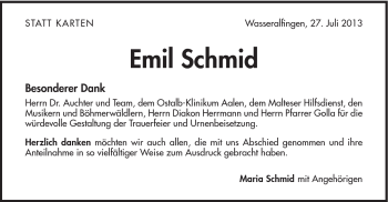 Traueranzeige von Emil Schmid von Schwäbische Post
