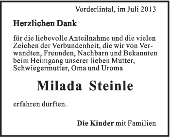Traueranzeige von Milada Steinle von Gmünder Tagespost