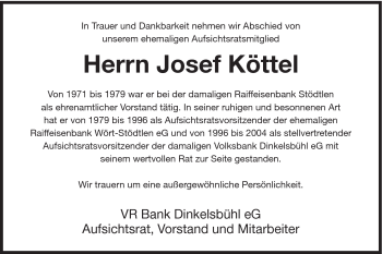 Traueranzeige von Josef Köttel von Schwäbische Post