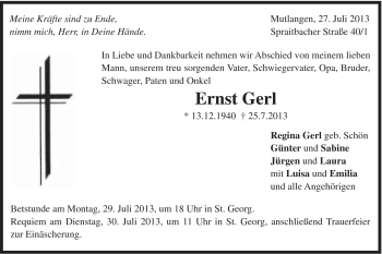 Traueranzeige von Ernst Gerl von Gmünder Tagespost