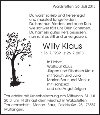 Traueranzeige von Willy Klaus von Gmünder Tagespost
