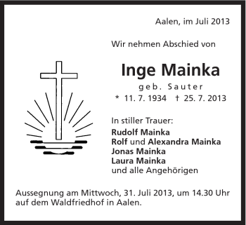 Traueranzeige von Inge Mainka von Schwäbische Post