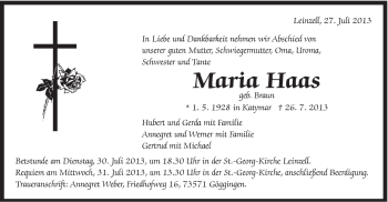 Traueranzeige von Maria Haas von Gmünder Tagespost