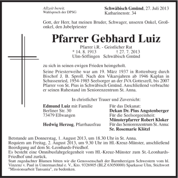 Traueranzeige von Gebhard Luiz von Gmünder Tagespost