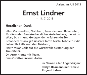 Traueranzeige von Ernst Lindner von Schwäbische Post