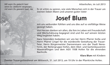 Traueranzeige von Josef Blum von Schwäbische Post