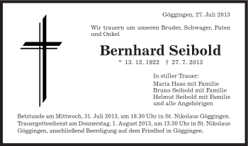 Traueranzeige von Bernhard Seibold von Gmünder Tagespost