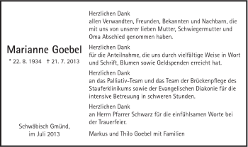 Traueranzeige von Marianne Goebel von Gmünder Tagespost