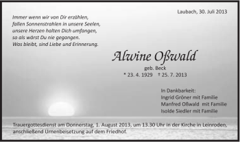 Traueranzeige von Alwine Oßwald von Schwäbische Post