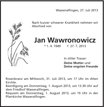 Traueranzeige von Jan Wawronowicz von Schwäbische Post