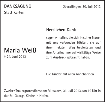 Traueranzeige von Maria Weiß von Schwäbische Post