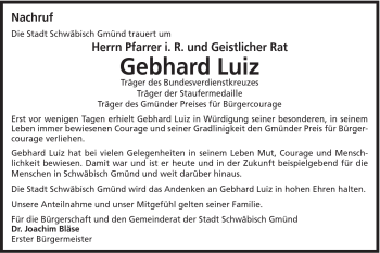 Traueranzeige von Gebhard Luiz von Gmünder Tagespost