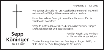 Traueranzeige von Sepp Köninger von Schwäbische Post