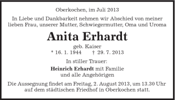 Traueranzeige von Anita Erhardt von Schwäbische Post