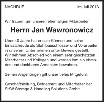 Traueranzeige von Jan Wawronowicz von Schwäbische Post