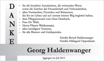 Traueranzeige von Georg Haldenwanger von Gmünder Tagespost