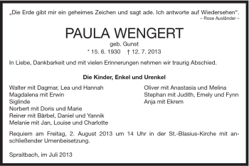 Traueranzeige von Paula Wengert von Gmünder Tagespost