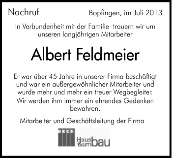 Traueranzeige von Albert Feldmeier von Schwäbische Post