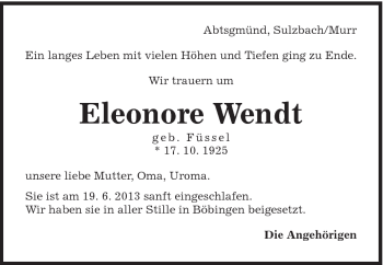 Traueranzeige von Eleonore Wendt von Schwäbische Post