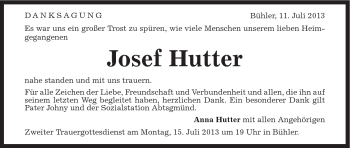 Traueranzeige von Josef Hutter von Schwäbische Post