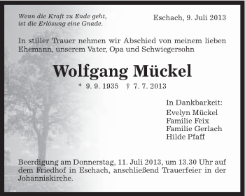 Traueranzeige von Wolfgang Mückel von Gmünder Tagespost