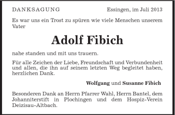 Traueranzeige von Adolf Fibich von Schwäbische Post