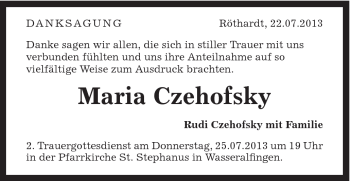Traueranzeige von Maria Czehofsky von Schwäbische Post