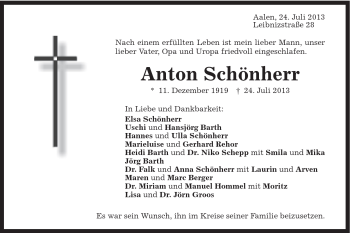 Traueranzeige von Anton Schönherr von Schwäbische Post