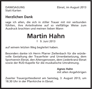 Traueranzeige von Hahn Nartin von Schwäbische Post