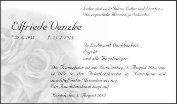 Traueranzeige von Elfriede Venzke von Schwäbische Post