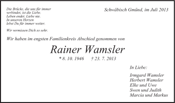 Traueranzeige von Wamsler Rainer von Gmünder Tagespost