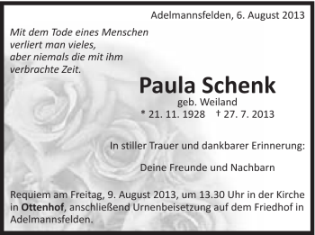 Traueranzeige von Paula Schenk von Schwäbische Post