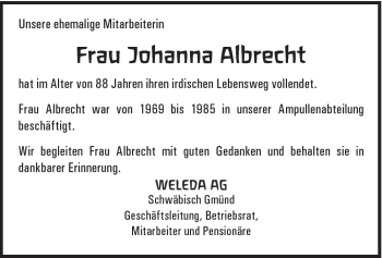 Traueranzeige von Johanna Albrecht von Gmünder Tagespost