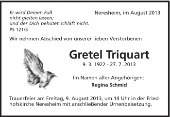 Traueranzeige von Gretel Triquart von Schwäbische Post
