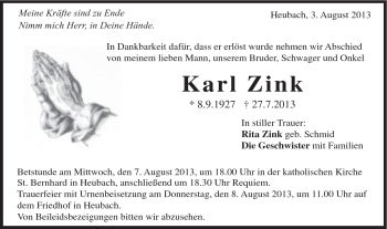 Traueranzeige von Karl Zink von Gmünder Tagespost