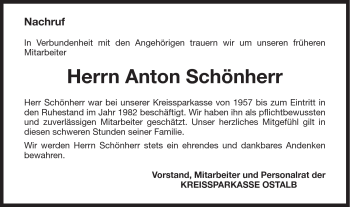 Traueranzeige von Anton Schönherr von Schwäbische Post