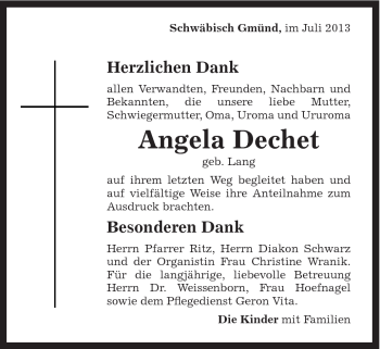 Traueranzeige von Angela Dechet von Gmünder Tagespost