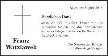 Traueranzeige von Franz Watzlawek von Schwäbische Post