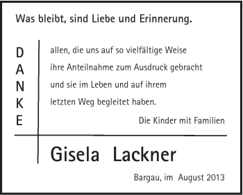 Traueranzeige von Gisela Lackner von Gmünder Tagespost