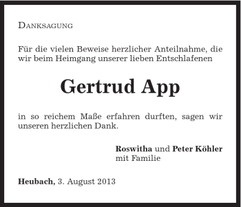 Traueranzeige von Gertrud App von Gmünder Tagespost
