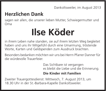 Traueranzeige von Ilse Köder von Schwäbische Post