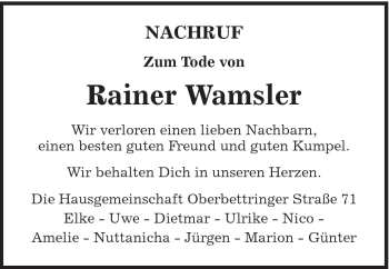 Traueranzeige von Rainer Wamsler von Gmünder Tagespost