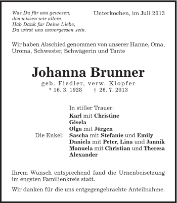 Traueranzeige von Johanna Brunner von Schwäbische Post